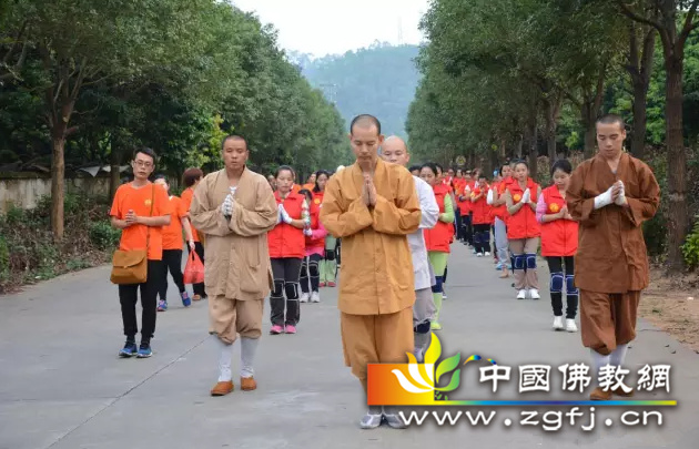 广东省东莞市芙蓉寺，组织举行三步一拜朝山祈福活动。