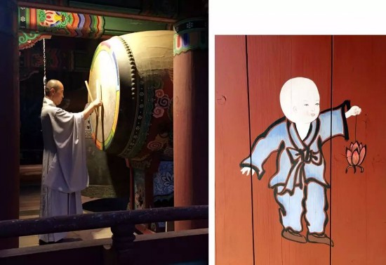左图：寺庙师傅在鸣鼓。 陈尚文摄