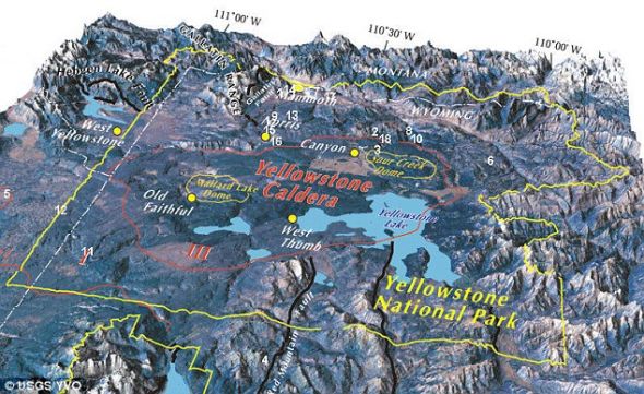 位于美国怀俄明州的黄石国家公园破火山口(红线圈起的区域)是世界上最大的超级火山 位于美国怀俄明州的黄石国家公园破火山口(红线圈起的区域)是世界上最大的超级火山