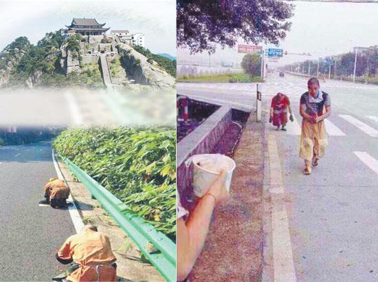 两位师父虔心朝拜,沿途居士发心护持 (图片来源:资料图)